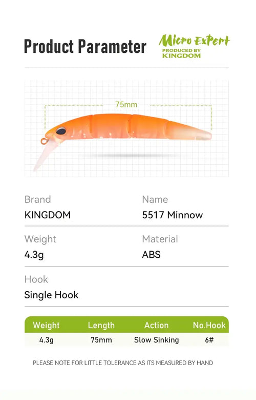 75mm 4.3g KINGDOM Kingdom 4 Section minnow crankbait, slow sinking, single hook