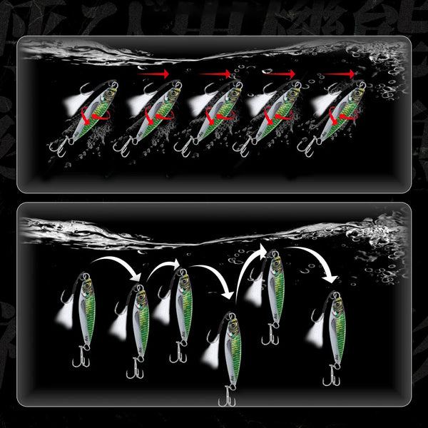 Set of sinking metal jigs with treble hooks and green scale body design