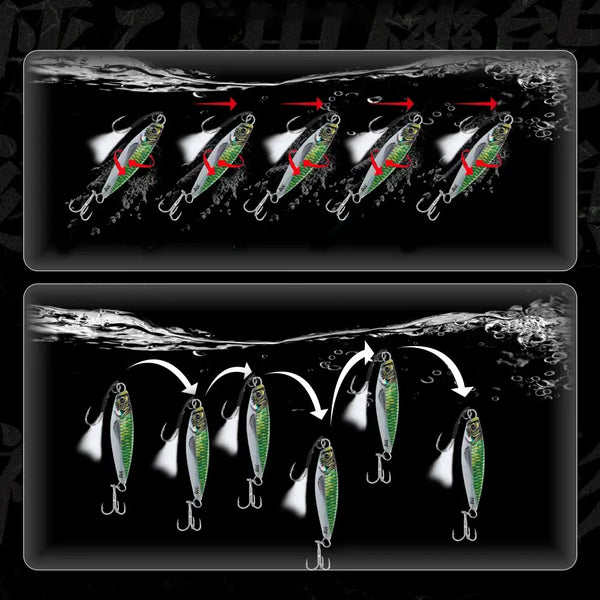 Set of metal jig fishing lures with treble hooks arranged in rows on a dark scene.