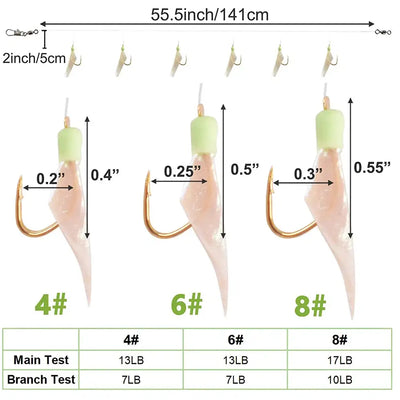 Fishing rig size chart showing 4#, 6#, and 8# hooks with pale green heads and translucent bodies.