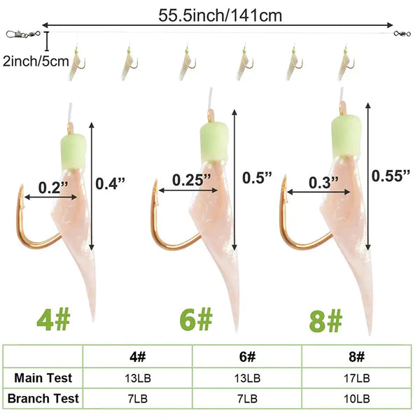 Fishing rig size chart showing 4#, 6#, and 8# hooks with pale green heads and translucent bodies.