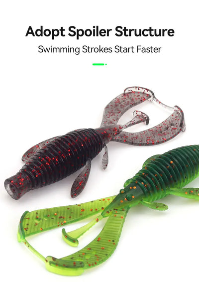 Pair of soft shrimp lures: green and dark gray with red speckles and flexible tails