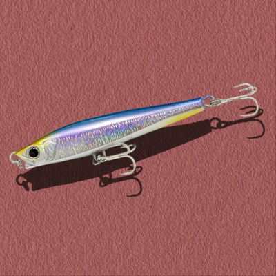 Silver and blue iridescent lipless minnow fishing lure with silver treble hooks
