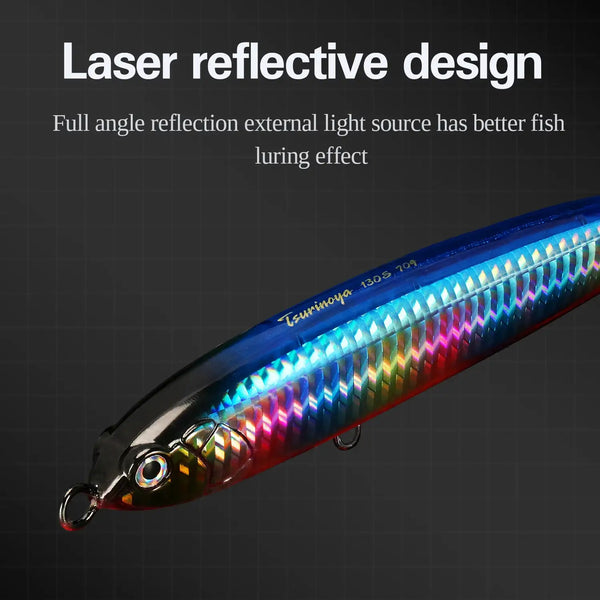 Metallic blue reflective sinking pencil fishing lure with treble hook and split ring