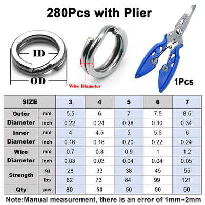 280-piece silver split rings with blue-handled pliers, size and wire diameter chart