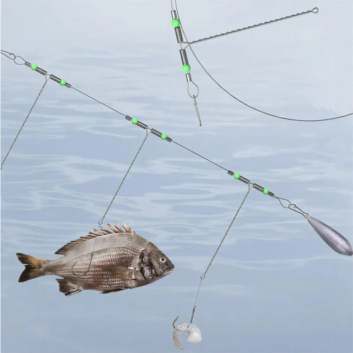 Saltwater fishing leader rig with multiple wire sections, luminous green beads, and hooks