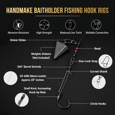 Fishing hook rig with circle hook, bead, curved shank, swivels, and duo-lock snap