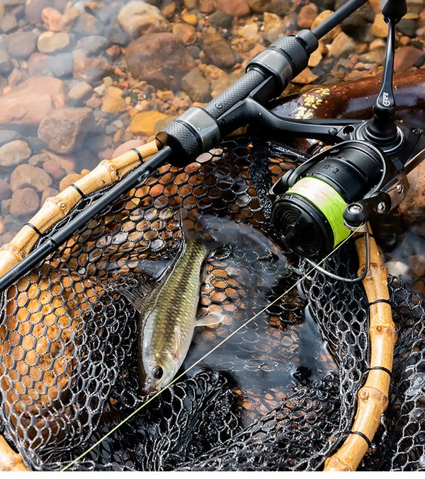 Light spinning rod with reel and line over a net holding a fish near rocks