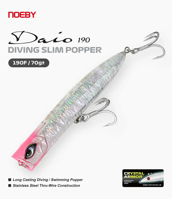 Iridescent silver-blue diving slim popper lure with pink tail, dual treble hooks