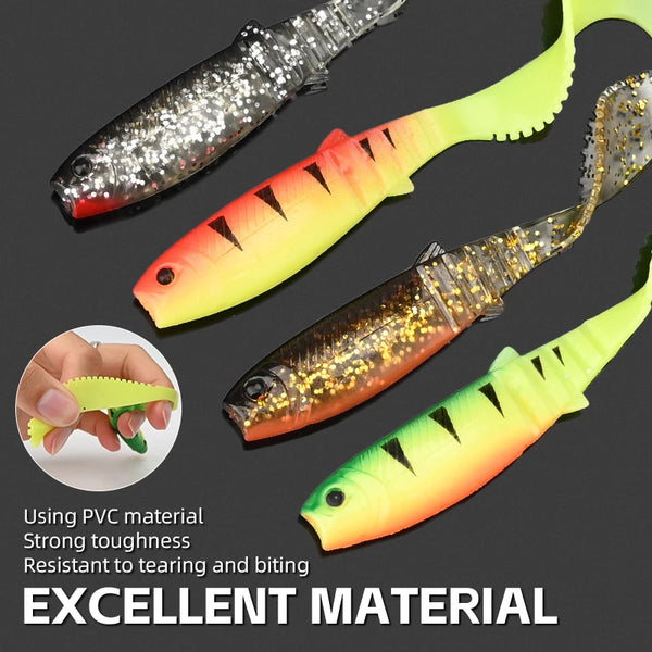 Assorted curly-tail soft swimbait lures in neon green, orange-yellow, and silver patterns.