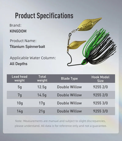 Spinnerbait fishing lure with gold double willow blades and green-black skirt