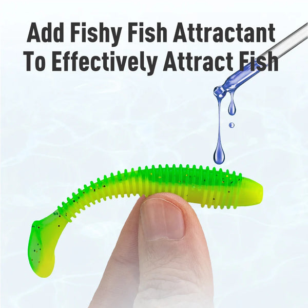 Neon green T-tail soft plastic fishing lure held in a finger grip
