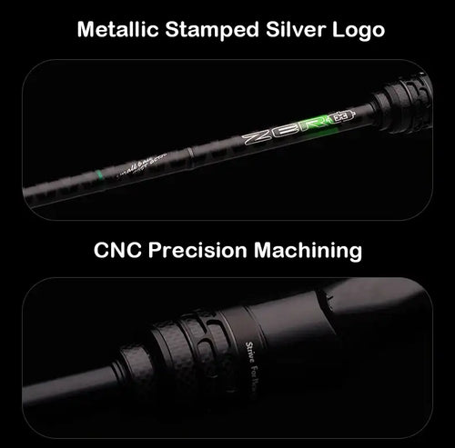 Black carbon lure rod with metallic logo and CNC-machined detail on the butt