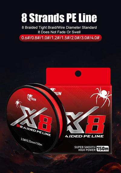 Red braided PE fishing line spool and red product box set, 150m line roll
