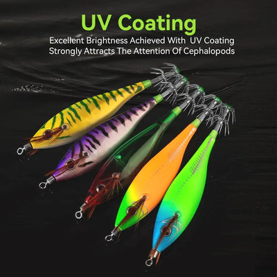 Set of 5 luminous squid jig lures with silver treble hooks