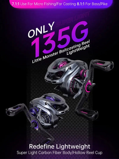 Two micro baitcasting fishing reels with silver body and purple spool, dual handle