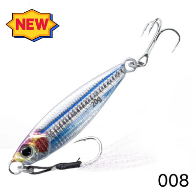 Metal jig fishing lure in white-silver with blue stripe and two treble hooks.