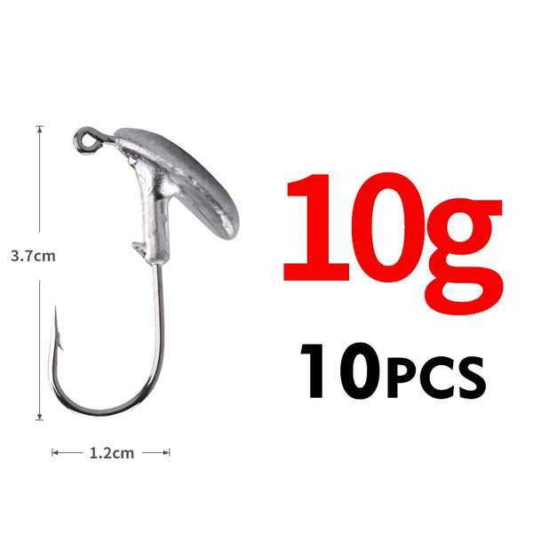 Jig head fishing hooks, silver 10g weight, 10-pack, bottom hook set