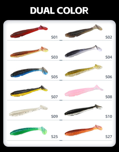 Soft T-tail silicone fishing lure assortment, dual-color options shown on display