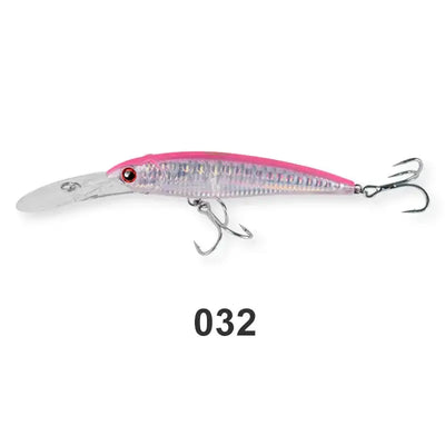 Saltwater minnow trolling wobbler lure, pink and silver body with red eye and treble hooks