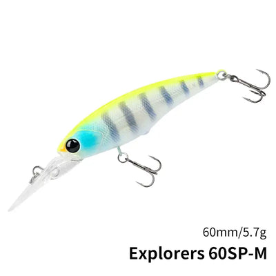 Suspending minnow lure, light blue and white with yellow accents and black eye, 60mm treble hooks.