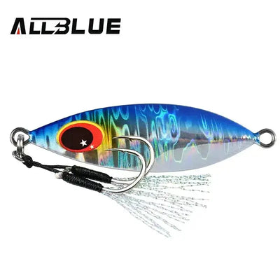 Blue metal slow jig with red oval eye, split rings, feathered hook, white lure body