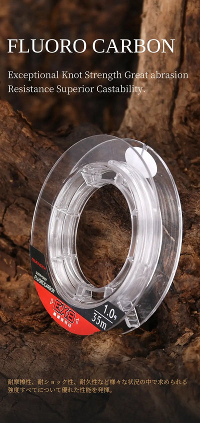 Clear EX8 fluorocarbon fishing line spool with 1.0 label on rocks
