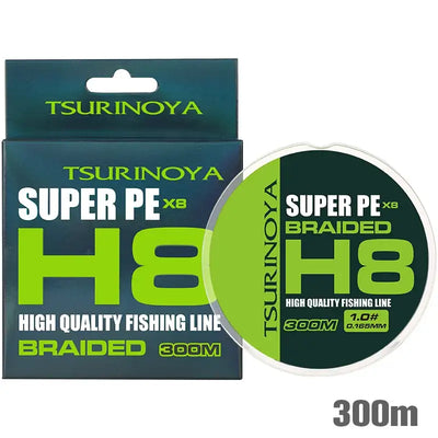 Green braided PE fishing line, 300m reel with H8 X8 branding