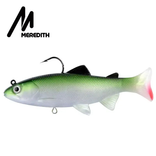 Weighted soft swimbait lure, shad gray-green with black dorsal, 3D eyes, T-tail, treble