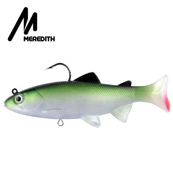 Weighted soft swimbait lure, shad gray-green with black dorsal, 3D eyes, T-tail, treble