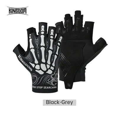 Pair of half-finger fishing gloves, black with grey skeleton pattern and snap cuff