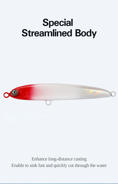 White and red sinking pencil fishing lure with treble hooks