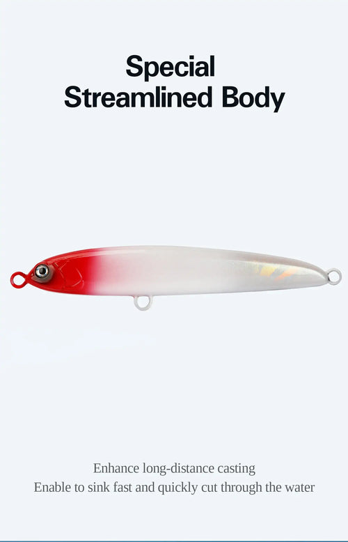 White and red sinking pencil fishing lure with treble hooks