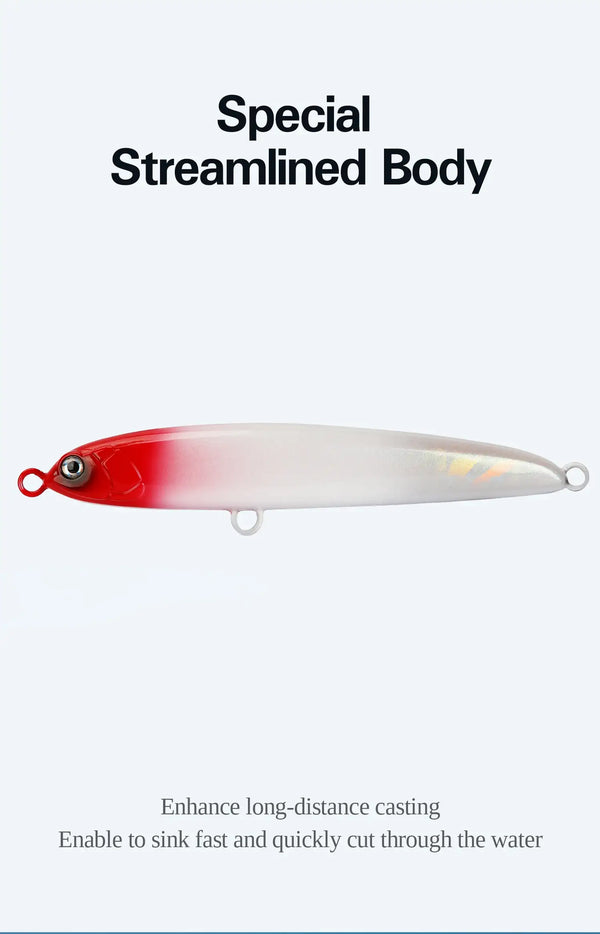 White and red sinking pencil fishing lure with treble hooks