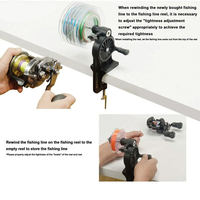 Fishing line winder in use rewinding line onto a spool with hands and reel