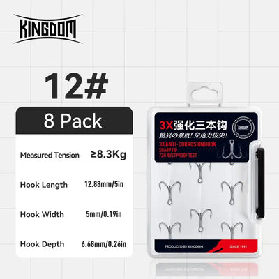 12# treble hook 8-pack, 3X corrosion-resistant hooks on retail card