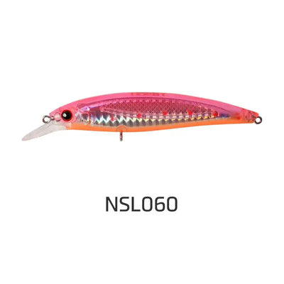 Pink and orange floating minnow jerkbait with red eye, scale pattern, treble hooks