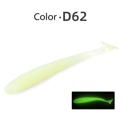 Soft paddle-tail swimbait lure, pale green glow-style body (Color D62).