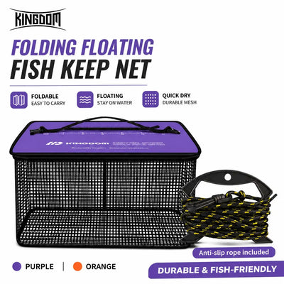 Folding floating fish keep net with purple cover and black mesh, with anti-slip rope