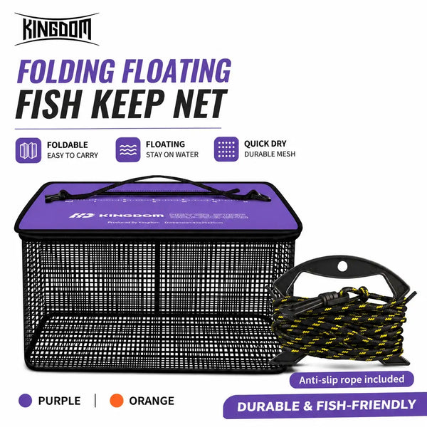 Folding floating fish keep net with purple cover and black mesh, with anti-slip rope