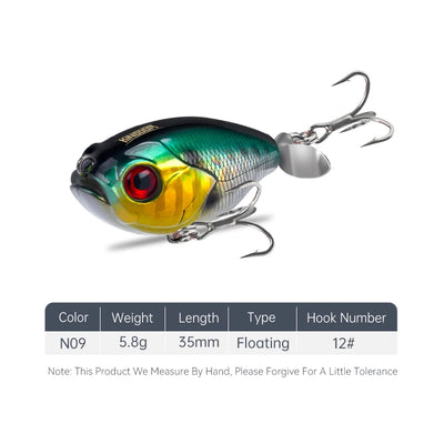 Floating topwater lure, green-blue body with red eye and silver treble hooks