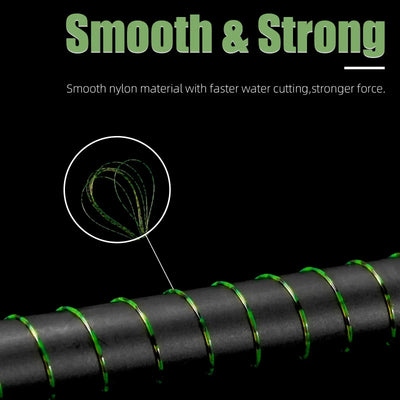 Green speckled monofilament fishing line coiled on a spool for smooth strength