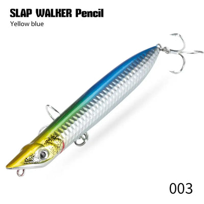 Yellow and blue pencil fishing lure with treble hooks