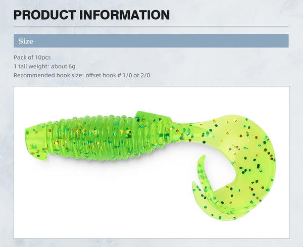 Soft silicone fishing lure set with bright neon green body and speckled tail, 10 pcs