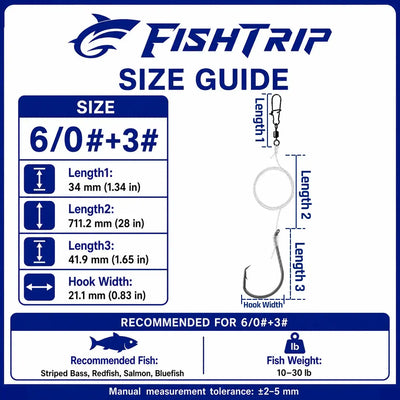 FishTrip size guide card for 6/0+3# offset octopus hooks with swivel, length chart