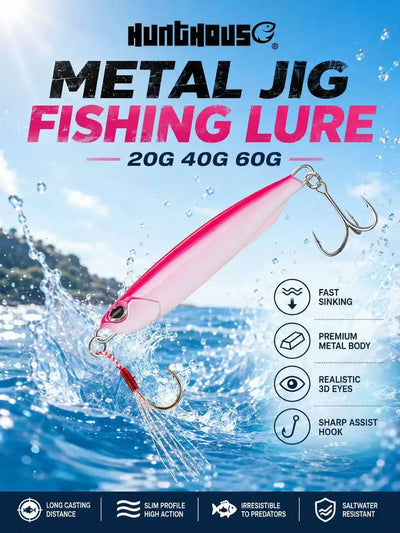 Hunthouse metal fishing lure with pink body and skirt, two assist hooks