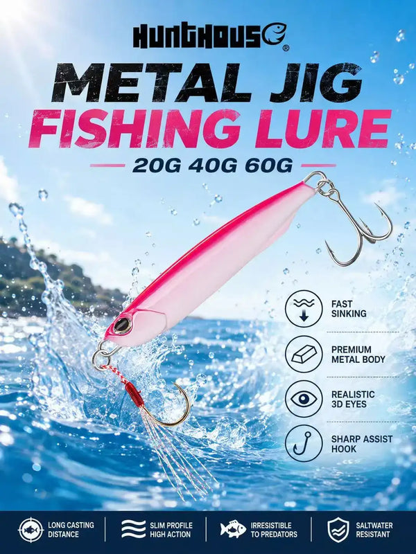 Hunthouse metal fishing lure with pink body and skirt, two assist hooks