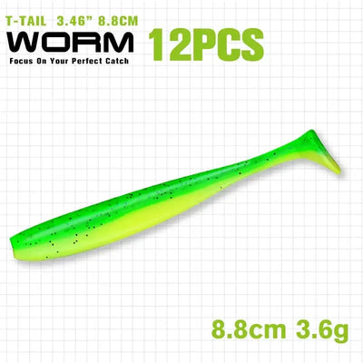 Neon green speckled glitter T-tail soft plastic shad lure, 8.8 cm