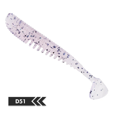 Soft fishing lure, white translucent silicone bait, ribbed body with blue speckles, paddle tail