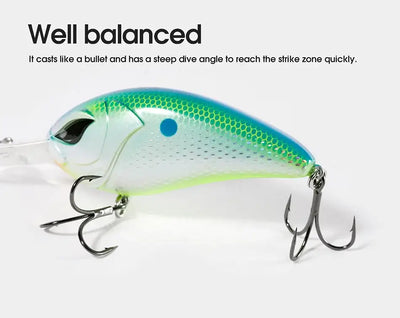 Green-and-white crankbait with blue spot, treble hooks, and front diving lip